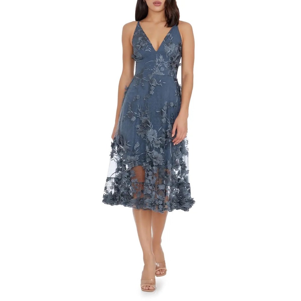 Dress the Population Peacock Blue Floral Lace 3D Applique‎ V-Neck Midi Dress L